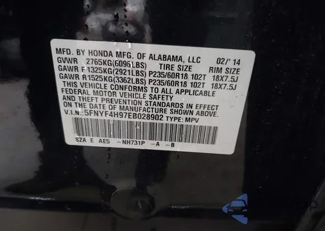 2014 Honda Pilot Touring from USA, damaged, VIN 5FNYF4H97EB028902
